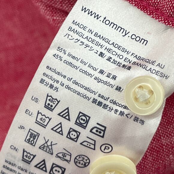 TOMMY HILFIGER Shirt Mens 2XL Cotton Linen Chambray Button Up Short Sleeve Pink - Picture 10 of 14